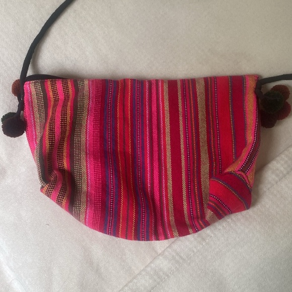 mexican fabric striped colorful w neon fabric cross body purse, w pom pom - Picture 5 of 12